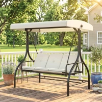 Outsunny 3 Seater Garden Swing Chair, 2 in 1 Convertible Patio Swing Seat Bed with Adjustable Canopy, Cushions and Metal Frame, Outdoor Hammock Bench Chair for Balcony, Terrace, Cream White(m-9)