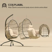 Outsunny Fotoliu Suspendat Tip Ou cu Lanț Reglabil, 2 Perne Detașabile și Suport pentru Pahar, Scaun Balansoar de Grădină Pliabil, Bază în X din Oțel, pentru Interior și Exterior, 120x88x192 cm, Bej(m-5)