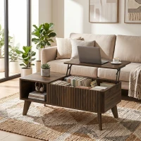 HOMCOM Mesa de Centro Elevable con Compartimento Oculto Estantes Abiertos Frontal Ondulado 100x48x41-56 cm Nogal(m-15)
