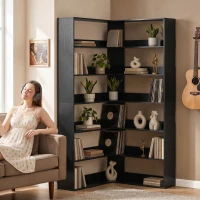 HOMCOM 7 Tiers Bookshelf, L-Shaped Corner Bookcase with Anti-Slip Rear Guard, Black Wood Effect(m-9)