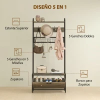 HOMCOM Perchero Zapatero 5 en 1 con Banco Zapatero Panel de Rejilla Armario 10 Ganchos Estante Superior y Marco de Acero Gris(m-4)