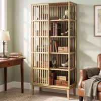 HOMCOM Armoire Chambre Penderie en Bambou 5 Niveaux avec Porte Coulissante, Design Aéré à Lattes, Bois Naturel(m-9)