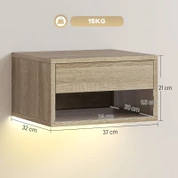 HOMCOM Set 2 Noptiere Suspendate cu LED Integrat și Reglabil prin Aplicație, Sertar și Raft, 37x32x21 cm, Nuanță de Lemn(m-3)