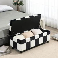 HOMCOM Storage Ottoman, Storage Bench with Wood Legs, Footstool, Footrest with Velvet Surface for Bedroom, Hallway, Living Room, 114 x 47 x 47 cm, White and Black(m-8)