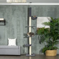 PawHut 240-270cm Floor-To-Ceiling Cat Tree, 5 Tier Cat Climbing Tower, with Bed, Hammock, Platforms, Dark Grey and Cream(m-2)