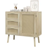 HOMCOM Mobile Multiuso Stile Boho con Armadietto e 3 Cassetti in Legno e Rattan, 80x36x75cm, Rovere(m-11)