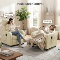 HOMCOM Recliner Armchair, Massage Faux Leather Push Back Reclining Chair with Adjustable Leg Rest, Side Pocket, Cream White(m-5)