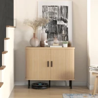 HOMCOM Buffet meuble de rangement avec portes coulissantes à lattes, armoire de cuisine avec pieds en acier, ton chêne(m-10)