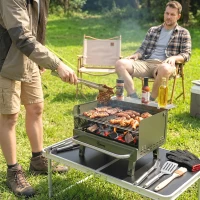 Outsunny Portable BBQ Grill, Charcoal Barbecue Grill with Adjustable Grates, Foldable Legs, Side Shelf for Camping Travel, Green(m-10)