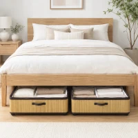 HOMCOM Juego de 2 Cajas de Almacenaje Bajo Cama con Ruedas 60L Tapa Transparente y Asa Marco Metálico 78,5x43x23 cm Natural(m-6)