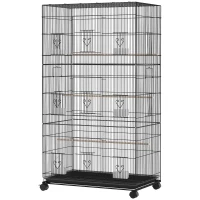 PawHut Grande Cage à Oiseaux sur Roulettes en Acier, Plateau Amovible, Portes, Perchoirs, Mangeoires, 77x46,5x141cm, Noir(m-19)