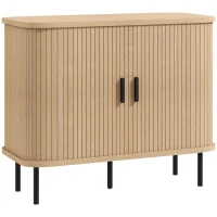 HOMCOM Mid-Century Modern Sideboard Storage Cabinet with Slatted Tambour Sliding Doors, Kitchen Cabinet with Steel Legs, Oak Tone(m-1)