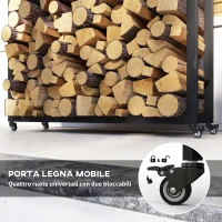 Outsunny Portalegna da Esterno e Interno con Ruote, Legnaia in Acciaio con Capacità 0.43m³, 120x32x151cm, Nero(m-5)