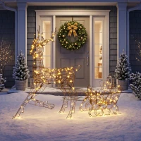 Outsunny Reno de Navidad con Trineo Luminoso 2 Piezas en Ratán PP, 175 LED Blanco Cálido, 8 Modos, Temporizador, 82x32x120cm, Marrón(m-10)