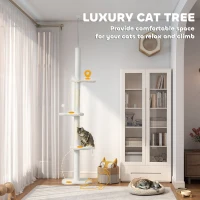 PawHut 225-255 cm Adjustable Cat Climbing Tower with Sisal Scratching Posts, 2 Hanging Play Balls and Anti-Tip Strap, Beige(m-4)