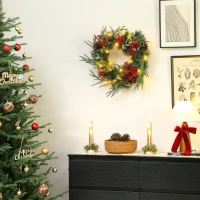 HOMCOM Ghirlanda Natalizia da 60 cm con Luci LED Bianche, Timer, Pigne, Bacche e Agrifoglio, Verde(m-8)