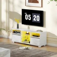 HOMCOM Meuble TV 120 cm, meuble télé pour téléviseur jusqu'à 55 pouces éclairage LED et télécommande étagères en verre blanc(m-8)