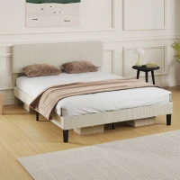HOMCOM Somier 160x200 cm con Cabecero Ajustable Tapizado en Pana Láminas de Madera Fácil de Montar Gris Claro(m-9)