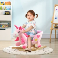 HOMCOM Cavallo a Dondolo Unicorno con 32 Canzoni, Base in Legno e Cintura di Sicurezza, Età 18-36 Mesi, Rosa(m-2)