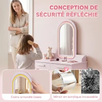AIYAPLAY Coiffeuse Enfant en Bois avec Miroir LED 3 Couleurs, Tabouret, Tiroir et Plateau Spacieux, 60x36x100cm, 3 à 8 Ans, Rose(m-6)