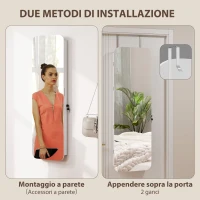 HOMCOM Specchiera Portagioie da Parete e Porta con Specchio Interno Illuminato e Serratura, 37x10x120 cm(m-6)