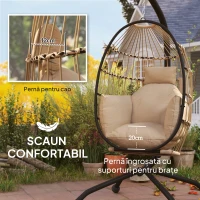 Outsunny Fotoliu Suspendat Tip Ou cu Lanț Reglabil, 2 Perne Detașabile și Suport pentru Pahar, Scaun Balansoar de Grădină Pliabil, Bază în X din Oțel, pentru Interior și Exterior, 120x88x192 cm, Bej(m-4)