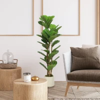 HOMCOM Plante artificielle intérieure 120 cm Figuier lyre arbre artificiel avec pot en plastique et tronc en bois massif, vert(m-2)