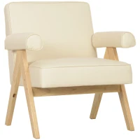 HOMCOM Sillón de Salón Tapizado en PU con Reposabrazos y Marco de Madera de Caucho para Dormitorio Carga 120 kg Crema(m-1)