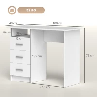 HOMCOM Scrivania Moderna in Legno con 3 Cassetti e Ripiano Aperto, 100x40x75 cm, Bianca e Marrone(m-3)