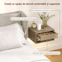 HOMCOM Set 2 Noptiere Suspendate cu LED Integrat și Reglabil prin Aplicație, Sertar și Raft, 37x32x21 cm, Nuanță de Lemn(m-5)