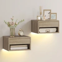 HOMCOM Set 2 Noptiere Suspendate cu LED Integrat și Reglabil prin Aplicație, Sertar și Raft, 37x32x21 cm, Nuanță de Lemn(m-11)