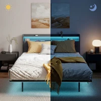 HOMCOM Cadre de lit 160 x 200 cm avec sommier acier, lit 2 personnes flottant avec lumières LED RGB et station de charge, gris(m-9)