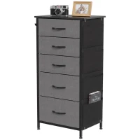 HOMCOM Chest of Drawers, Dresser with 5 Fabric Drawers, Tall Storage Unit with 4 Pockets and 2 Hooks Steel Frame, Charcoal Grey(m-15)