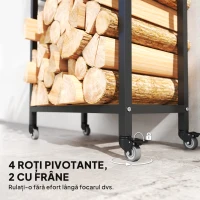 Outsunny Suport pentru Lemne de Foc, de Interior și Exterior, pe Două Niveluri, cu Roți, din Oțel Reforțat, 60x30x119 cm, Negru(m-4)