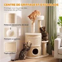 PawHut Arbre à Chat Multi-Niveaux avec Double Niche, Lit, Plateforme, Tapis & Poteaux à Griffer en Sisal, 55x39x90cm, Beige(m-5)