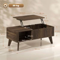 HOMCOM Mesa de Centro Elevable con Compartimento Oculto Estantes Abiertos Frontal Ondulado 100x48x41-56 cm Nogal(m-3)