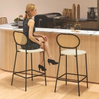 HOMCOM Juego de 2 Altos de Cocina con Respaldo de Ratán Asiento de PU Marco de Acero y Reposapiés Beige(m-8)