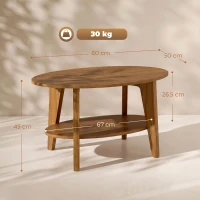 HOMCOM Masă de cafea ovală cu 2 nivele, masă de living modernă cu raft inferior deschis, 80 x 50 x 45 cm, Stejar(m-3)