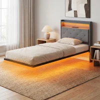 HOMCOM Floating Bed Frame, Upholstered 3ft Single Size Bed, Platform Bed with RGB LED Lights and Charging Station, Grey(m-10)