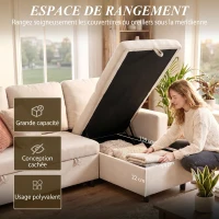 HOMCOM Canapé d'angle convertible modulable avec méridienne réversible, coffre de rangement et 3 coussins de dossier, crème(m-6)