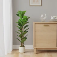 HOMCOM Plante artificielle intérieure 120 cm Figuier lyre arbre artificiel avec pot en plastique et tronc en bois massif, vert(m-8)