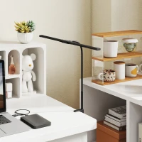 HOMCOM LED Desk Lamp with Clamp, Double Head Table Lamp with 3 Colour Modes & 10 Brightness Levels, Flexible Gooseneck Reading Desk Light with Timer and Memory Function for Study, Office, Work, Black(m-10)
