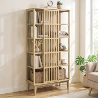 HOMCOM Armoire Chambre Penderie en Bambou 5 Niveaux avec Porte Coulissante, Design Aéré à Lattes, Bois Naturel(m-10)