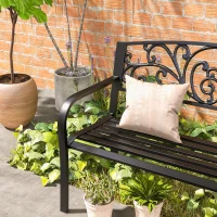 Outsunny Panchina da Giardino in Metallo con Schienale Decorato, 127x60x87cm - Nero(m-9)