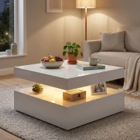 HOMCOM LED Coffee Table with Storage, 2-Tier Modern Centre Table with Open Shelf and Remote for Living Room, High Gloss White(m-14)