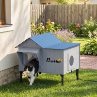 PawHut Niche Chauffante pour Chat d'Extérieur Imperméable Base Surélevée 5 cm Coussin Chauffant 55°C 51 x 41 x 55 cm Gris Clair(m-10)