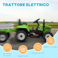 HOMCOM Trattore Elettrico per Bambini 3-6 Anni con Rimorchio Rimovibile, Batteria 12V e Telecomando, Verde(m-8)