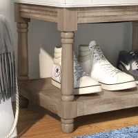 HOMCOM Banc banquette capitonnée 2 niveaux étagère 115 cm Bout de lit Rembourrée en lin piètement Bois sculpté Lin Beige(m-9)