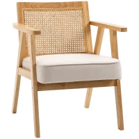 HOMCOM Fauteuil de salon confortable Chaise en Rotin avec Coussin épais- Dossier en cannage - Assise Profonde  - Structure en Bois hévéa Aspect Lin Beige(m-12)