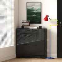 HOMCOM Shoe Storage Cabinet with Slide Out Drawer, 2 Flip Doors, Tempered Glass Top - Black(m-8)